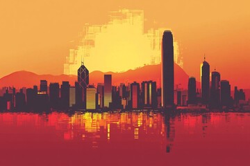 Fototapeta premium Hong Kong city silhouette, golden gradient