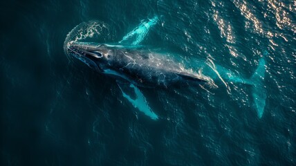 Fototapeta premium A clean, minimalistic design showing a whale from above, with its shape and contours subtly outlined against a vast, empty sea