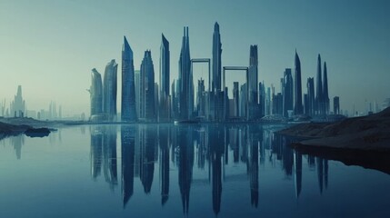 Naklejka premium view of 'Dubai Frame', futuristic buildings, skyline, high definition, detailed, modern architecture, real style image, blue color tone 