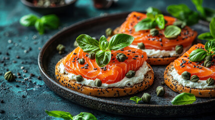 Delicious smoked salmon on bagels with cream cheese, garnished with fresh basil and capers