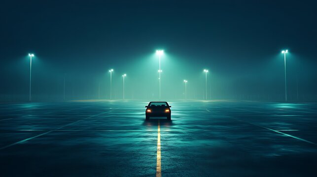 A Single Car Parked on an Empty Foggy Night Parking Lot - Powered by Adobe