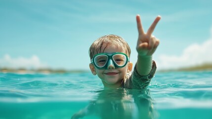 Naklejka premium Carefree Child Underwater Flashing Peace Sign in Serene Ocean Minimalist Photo