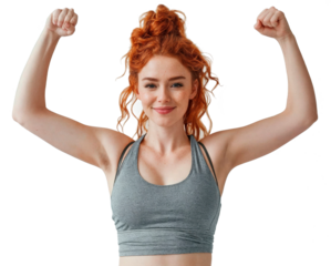 Young woman with red hair is flexing her arm muscles and smiling celebrating with a victory and power gesture cut out