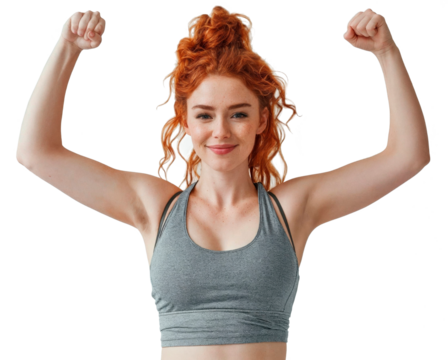 Young woman with red hair is flexing her arm muscles and smiling celebrating with a victory and power gesture cut out