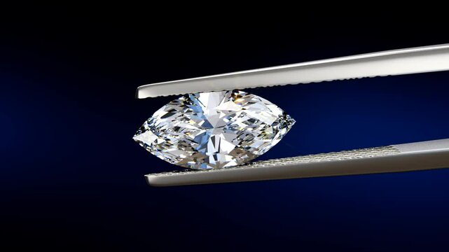 Marquise cut diamond swaying slightly in tweezers on black and dark blue background. Seamless loop 3D animation