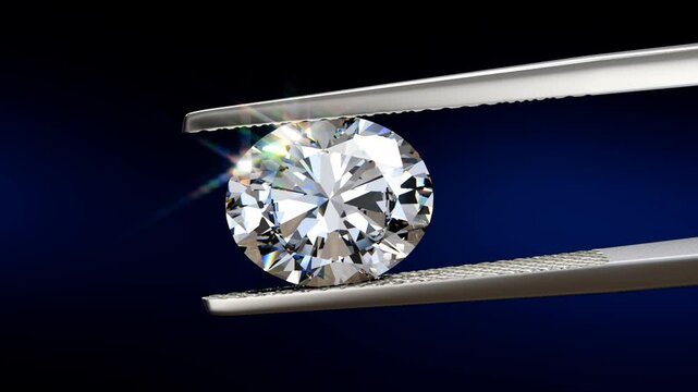 Oval cut diamond swaying slightly in tweezers on black and dark blue background. Seamless loop 3D animation
