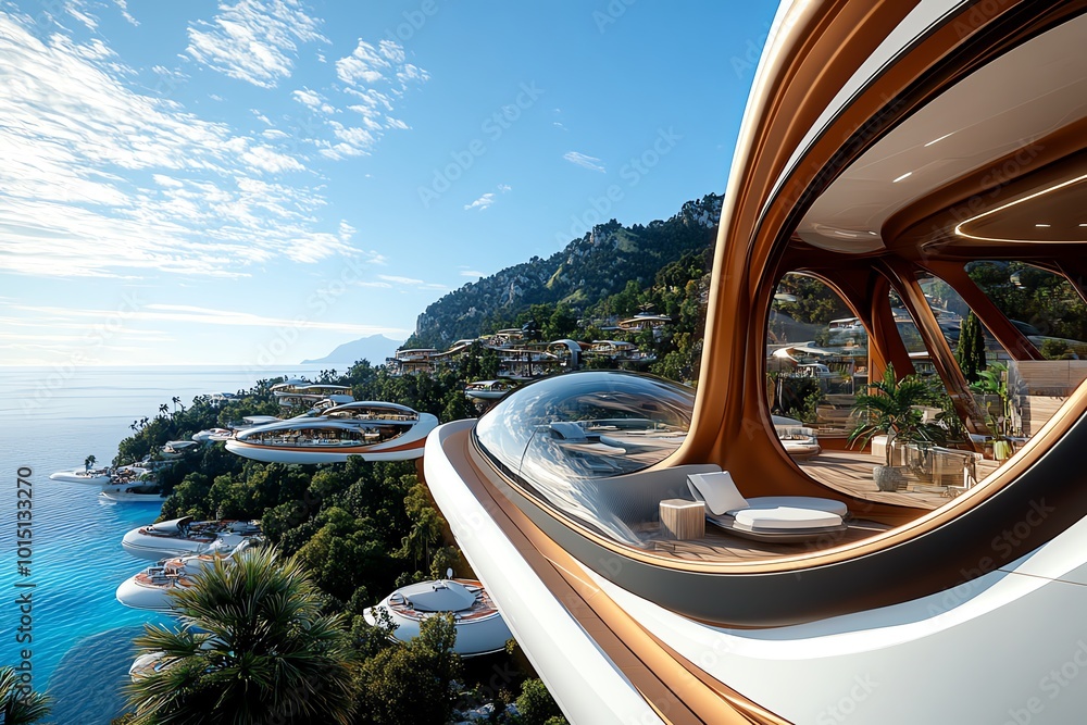 Poster futuristic floating city in a fantasy world, with advanced technology creating harmony between natur