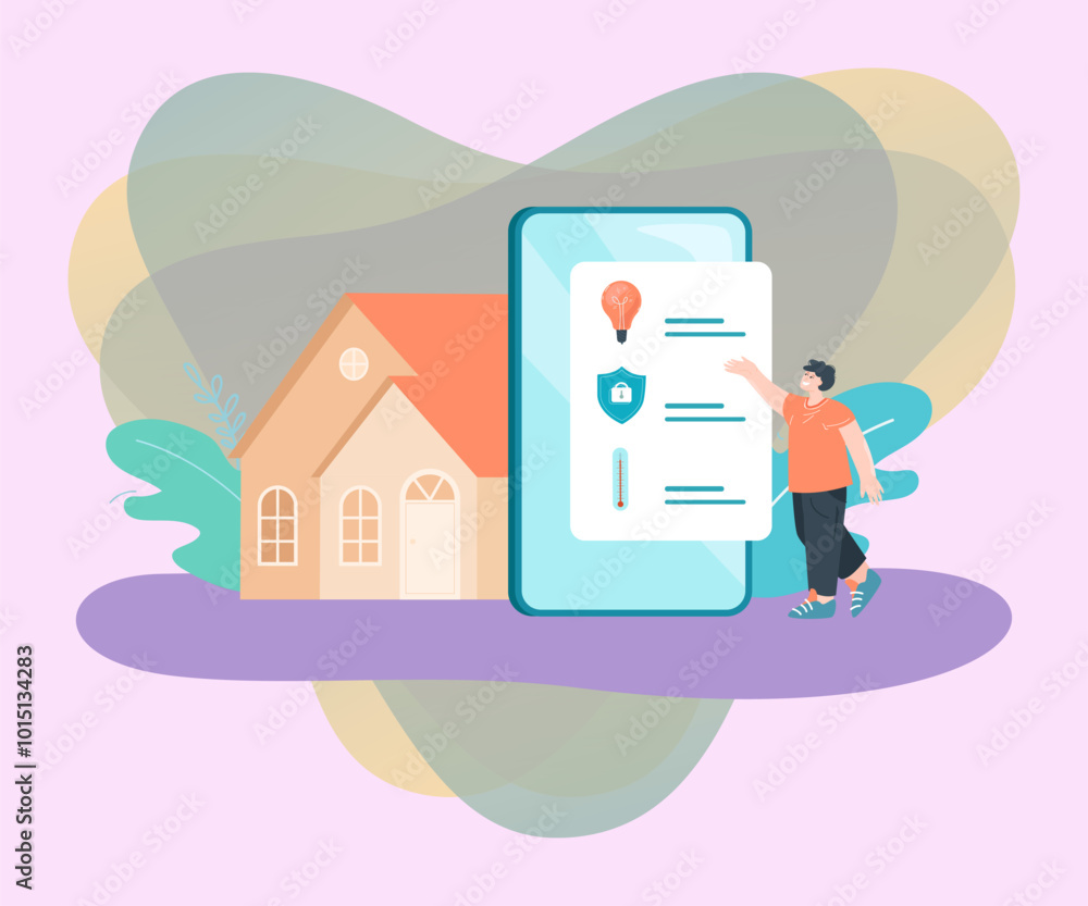 Poster man near phone with smart home system flat vector illustration. tiny owner controlling lighting and 