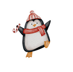 Jolly Penguin. Watercolor Illustration of Funny Animal for Festive New Year and Christmas Fun
