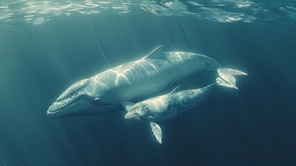 Fototapeta premium A minimalistic side profile of a graceful whale swimming in a vast, open ocean, with the whale rendered in smooth, clean lines against a gradient blue background