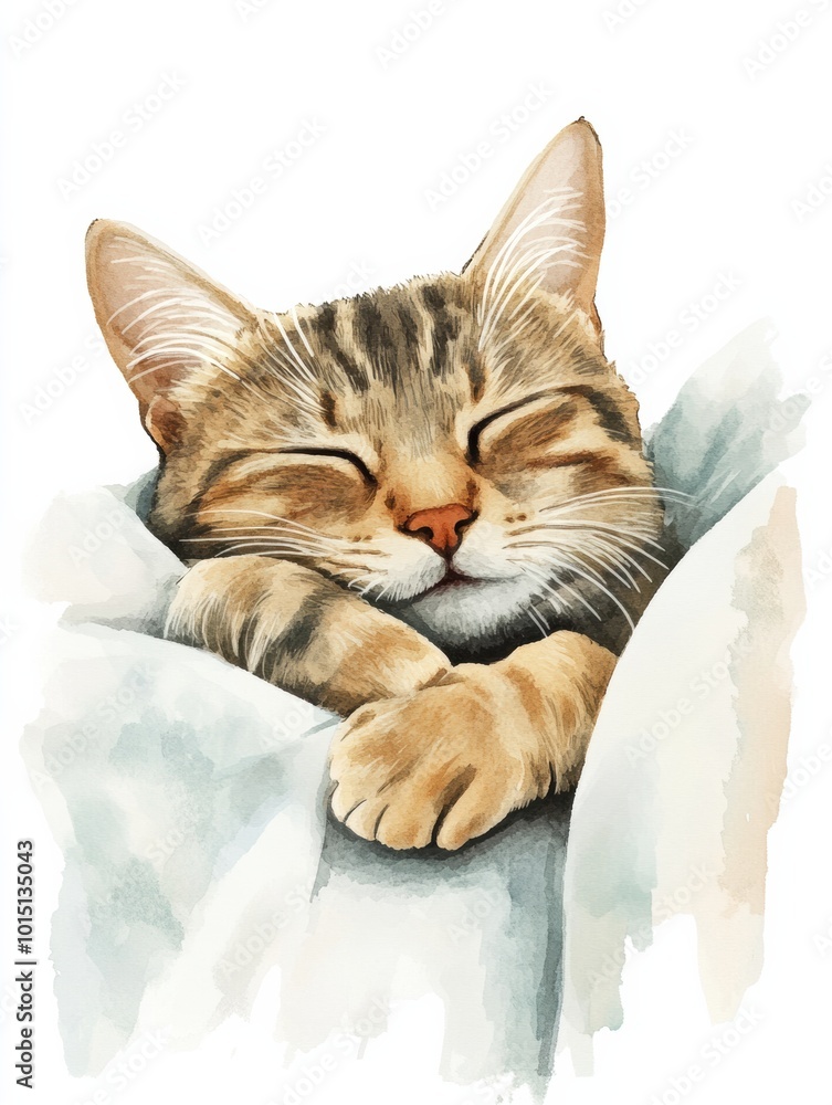 Poster a peaceful sleeping cat resting comfortably on a soft white bedspread, enjoying a serene moment of t