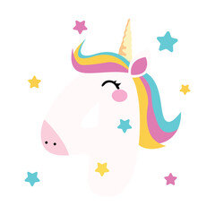 birthday illustration for a greeting card with cute unicorn  four number flat cartoon style 