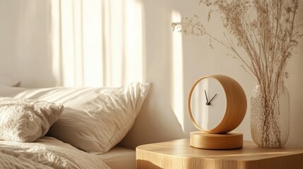 A minimalist round alarm clock with a wooden base, placed on a bedside table with a cozy bed in the background, creating a serene morning vibe.