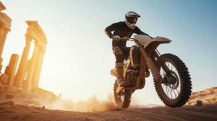 Rider weaving through ancient ruins, historical and dynamic, motocross, ruins, dynamic