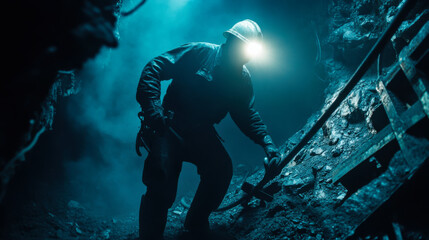 Miner working in a dark underground tunnel with a headlamp during an exploration shift in an active coal mine
