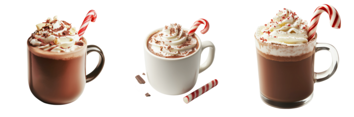 Set of hot chocolate with whipped cream and a candy cane isolated on a transparent background