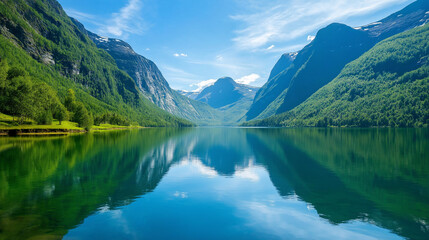 Fototapeta premium Beautiful mountain lake with crystal-clear water reflecting the surrounding green mountains and blue sky, creating a serene and peaceful natural landscape, perfect for themes of tranquility, nature