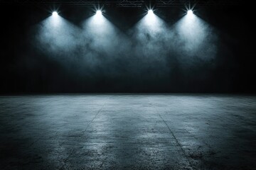 A dark room with four lights shining on the floor