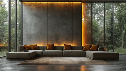 Minimalist and Elegant Living Room with Concrete Walls and Soft Lighting