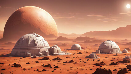 A futuristic colony on Mars with domed structures set against a barren, red landscape under multiple moons. The scene evokes exploration, innovation, and humanity's future on the red planet.