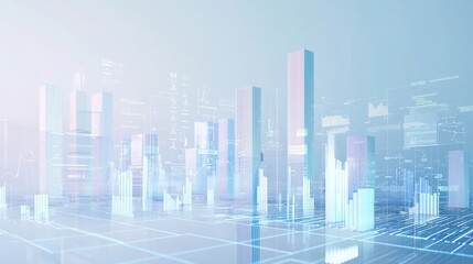 3D rendering of a digital cityscape with buildings and skyscrapers made from glass, set against a light blue background with a white color scheme