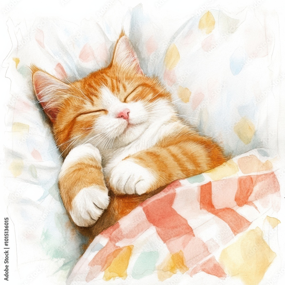 Poster a cozy sleeping cat nestled on a colorful bedspread against a bright white background in a tranquil 