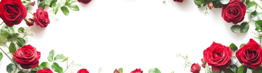 Elegant Red Roses with Green Leaves on White Background