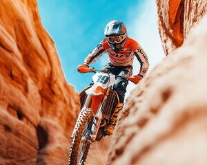 Biker maneuvering through narrow canyon walls, dramatic lighting and shadows, motocross, canyon, narrow