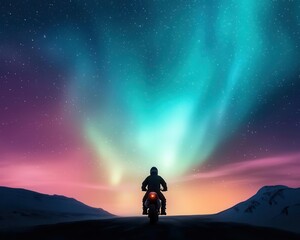 Fototapeta premium Motocross rider in the arctic, icy path and breathtaking auroras, motocross, arctic, aurora