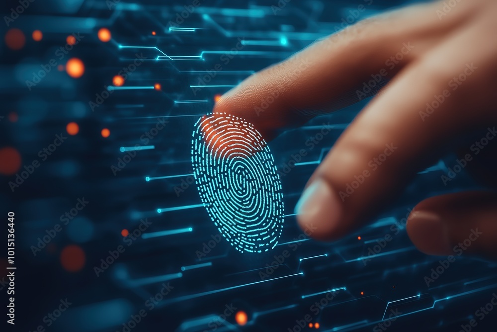 Poster man using thumb to scan finger print or for digital processing bio-metric identification to access s