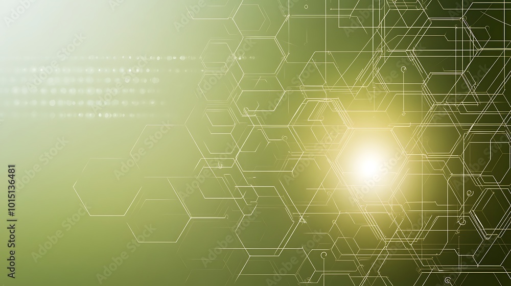 Poster Abstract digital technology background with green and yellow color and a glowing light in the center.