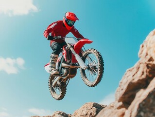 Motocross biker in mid-air performing a trick above a rocky cliff, intense focus, motocross, trick, cliff