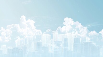 A light and airy background featuring urban building thick outlined in glowing white against a soft sky-blue backdrop