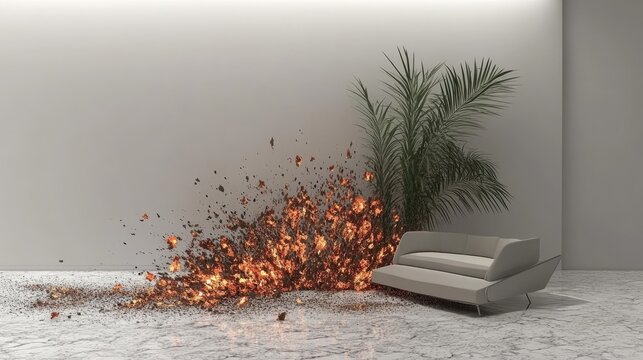 A modern living room with a fireplace, flames dangerously spreading. The scene captures the tension of fire and its destructive potential.