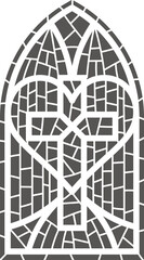 Gothic church glass window. Catholic cathedral frame with cross. Medieval stained castle architecture Christian design mosaic decoration