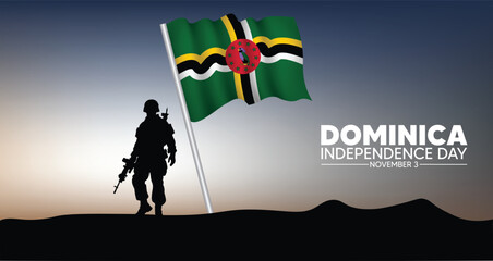 Dominica Independence Day solider standing with waving flag vector poster