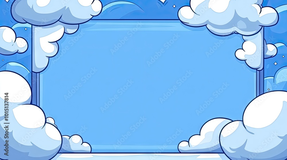 Poster a peaceful sky scene where white clouds form a soft frame around an empty blue space, perfect for te