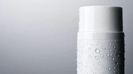 Deodorant bottle on glossy surface with water droplets, showcasing sleek design and freshness. image captures essence of cleanliness and modern grooming