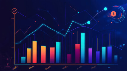 Colorful data visualization depicting financial trends with bar graphs and line charts illustrating growth over time