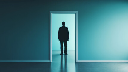 silhouette of person stands in doorway, framed by soft blue background, creating sense of mystery and intrigue. contrast between figure and wall evokes contemplative atmosphere