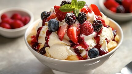 A classic sundae dish filled with creamy vanilla ice cream and topped with fresh fruit and a drizzle of berry sauce.