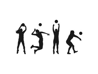 Volleyball player silhouette. Jumping player. Woman volleyball player silhouette collection. Vector Images of female volleyball silhouettes spiking and setting ball.