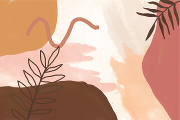 Abstract art banner featuring watercolor leaves branches combined with hand-drawn doodle scribble floral plants. 