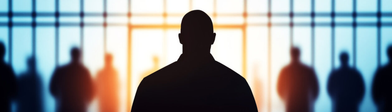 silhouette of suspect standing in police identification lineup, surrounded by other shadowy figures. scene conveys sense of tension and mystery