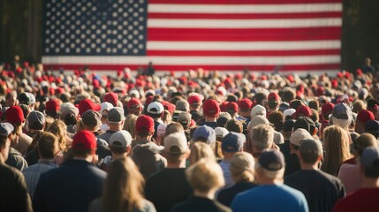 A diverse group of people wearing caps stands together, focused on an event while an American flag waves behind them, symbolizing patriotism. Generative AI