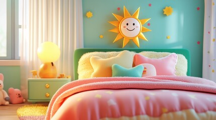 A cozy cartoon bed with colorful, fluffy blankets and a smiling sun on the headboard, surrounded by warm, cheerful decor.