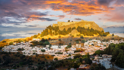 Sunset light in Lindos, Acropolis in the background, Rhodes, Greece