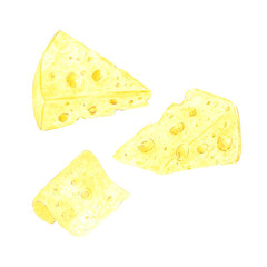 Hand drawn watercolor pieces of cheese isolated on white background. Can be used for postcard, label, scrapbook and other printed products.