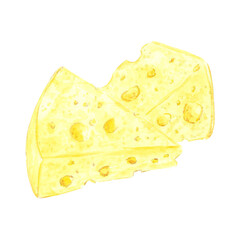 Hand drawn watercolor pieces of cheese isolated on white background. Can be used for postcard, label, scrapbook and other printed products.