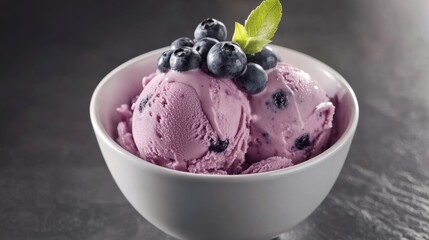 A decadent bowl of creamy blueberry ice cream, topped with fresh blueberries and a drizzle of honey for added sweetness.